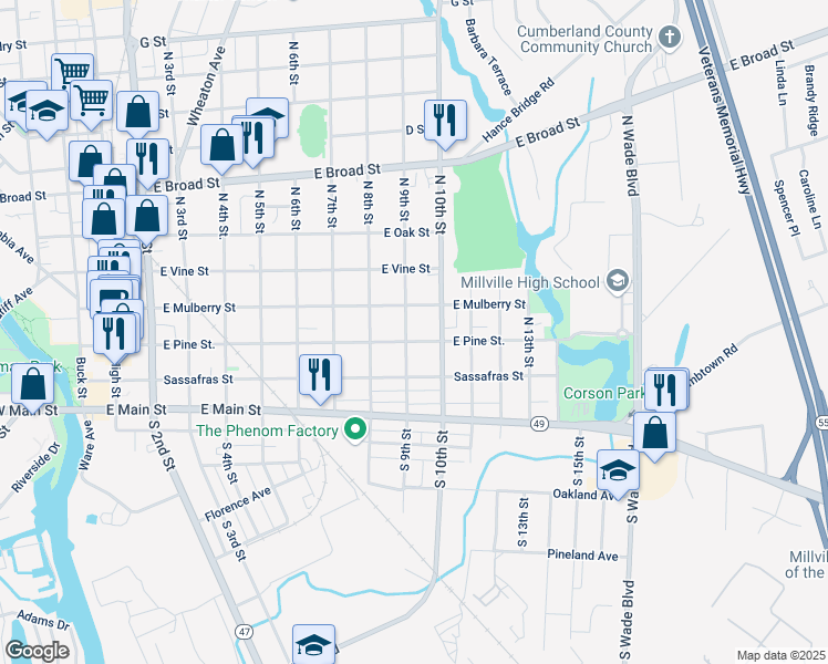 map of restaurants, bars, coffee shops, grocery stores, and more near 900 East Pine Street in Millville