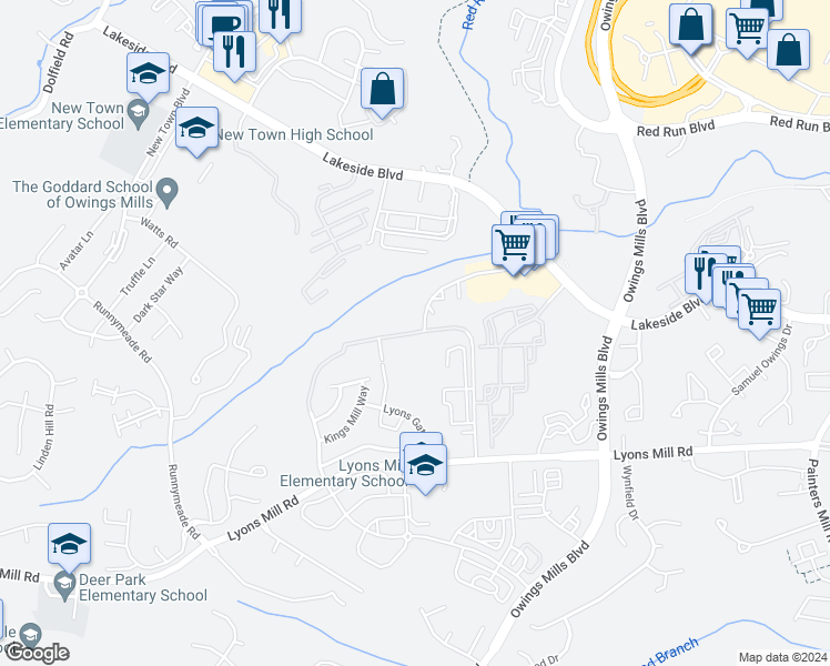 map of restaurants, bars, coffee shops, grocery stores, and more near 4813 Coyle Road in Owings Mills
