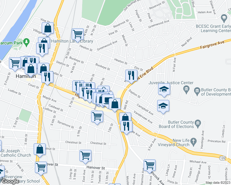 map of restaurants, bars, coffee shops, grocery stores, and more near 1020 Campbell Ave in Hamilton