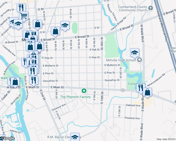 map of restaurants, bars, coffee shops, grocery stores, and more near 720 East Pine Street in Millville