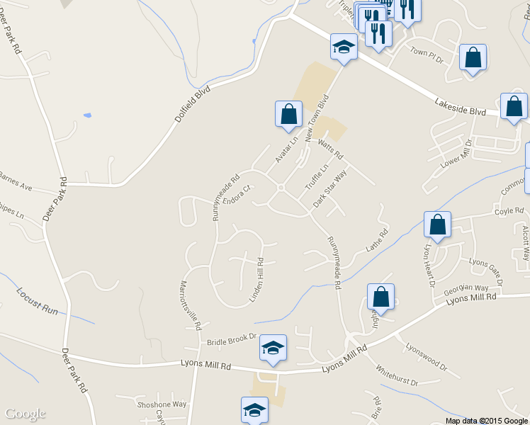 map of restaurants, bars, coffee shops, grocery stores, and more near 9813 Bon Haven Lane in Owings Mills