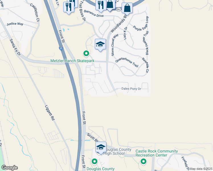 map of restaurants, bars, coffee shops, grocery stores, and more near Belltop Court in Castle Rock