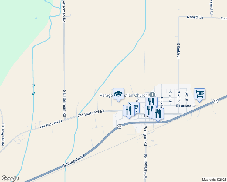 map of restaurants, bars, coffee shops, grocery stores, and more near 7480 Old State Road 67 in Paragon