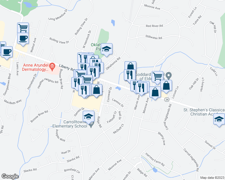 map of restaurants, bars, coffee shops, grocery stores, and more near 6457 Cornwall Drive in Eldersburg