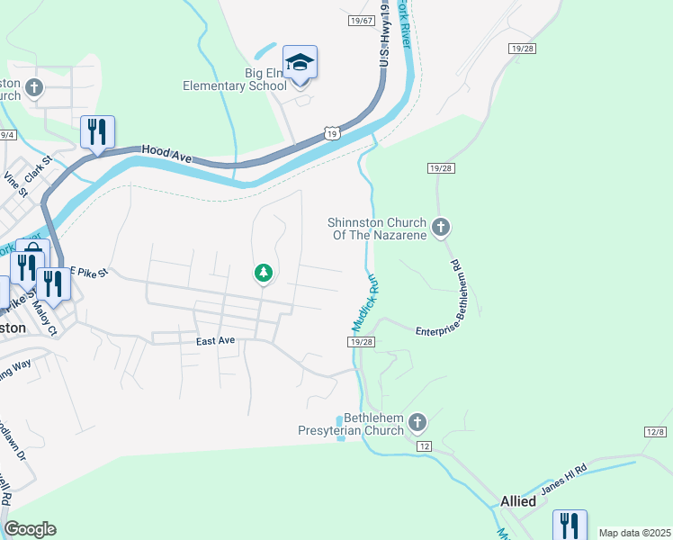 map of restaurants, bars, coffee shops, grocery stores, and more near 1239 Norma Lane in Shinnston