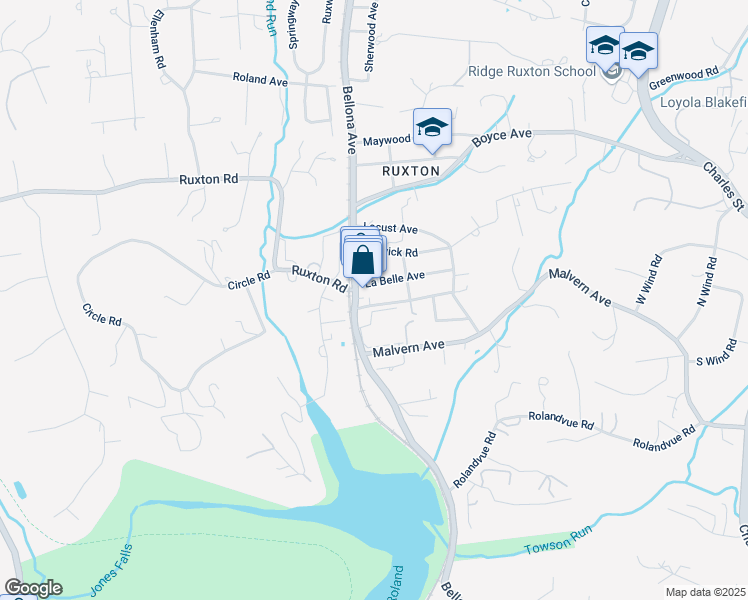 map of restaurants, bars, coffee shops, grocery stores, and more near 1514 Ruxton Road in Towson