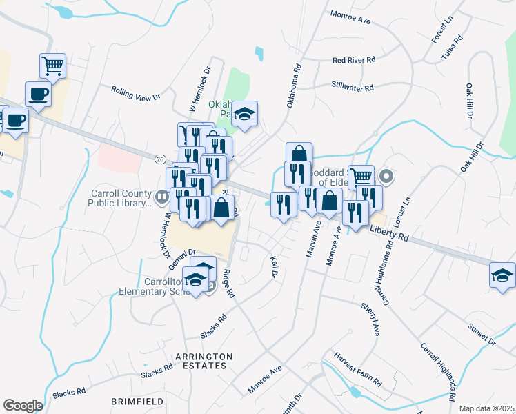 map of restaurants, bars, coffee shops, grocery stores, and more near 6457 Cornwall Drive in Eldersburg