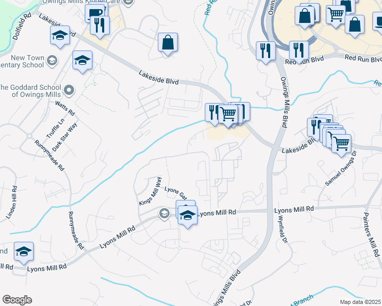 map of restaurants, bars, coffee shops, grocery stores, and more near 4813 Coyle Road in Owings Mills