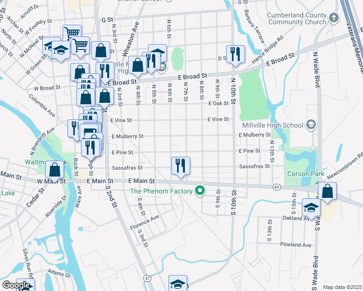 map of restaurants, bars, coffee shops, grocery stores, and more near 201 North 7th Street in Millville