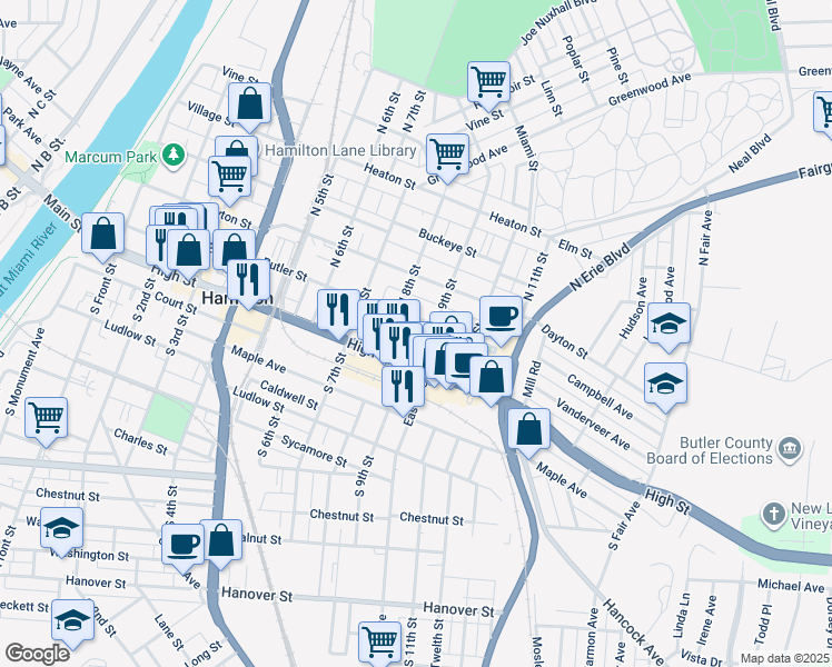 map of restaurants, bars, coffee shops, grocery stores, and more near 25 North 9th Street in Hamilton