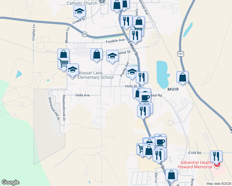 map of restaurants, bars, coffee shops, grocery stores, and more near 1389 Eva Clair Street in Willits