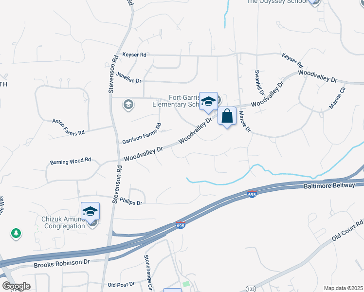 map of restaurants, bars, coffee shops, grocery stores, and more near 3405 Woodvalley Drive in Pikesville