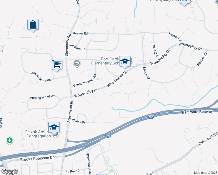 map of restaurants, bars, coffee shops, grocery stores, and more near 3405 Woodvalley Drive in Pikesville