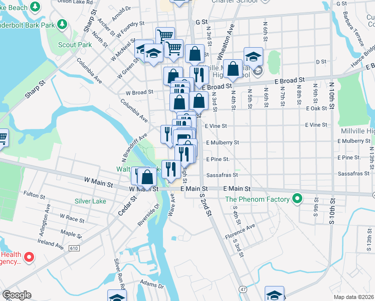 map of restaurants, bars, coffee shops, grocery stores, and more near 8 East Pine Street in Millville