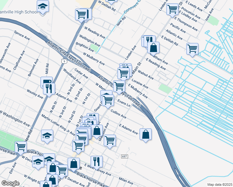 map of restaurants, bars, coffee shops, grocery stores, and more near 418 North Main Street in Pleasantville