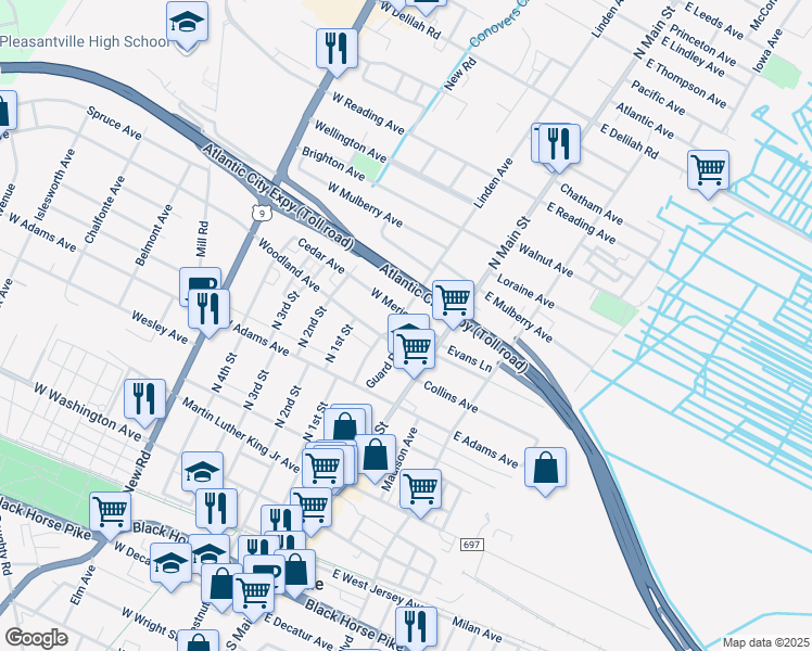 map of restaurants, bars, coffee shops, grocery stores, and more near 17 West Merion Avenue in Pleasantville