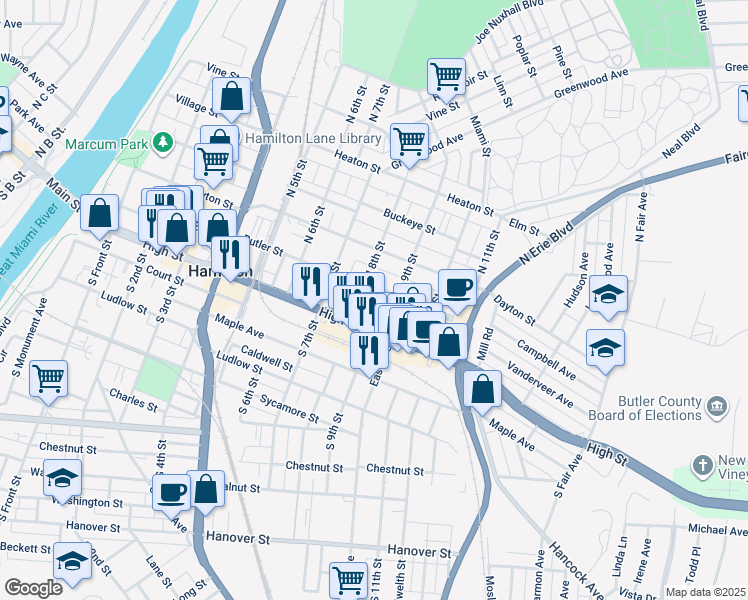 map of restaurants, bars, coffee shops, grocery stores, and more near 25 North 9th Street in Hamilton