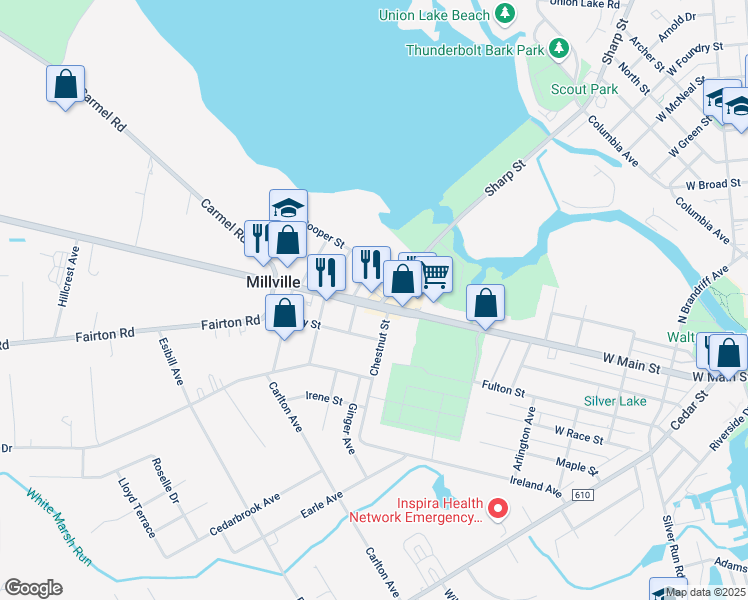 map of restaurants, bars, coffee shops, grocery stores, and more near 2 Sharp Street in Millville