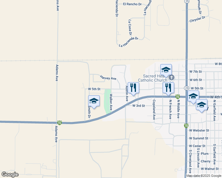 map of restaurants, bars, coffee shops, grocery stores, and more near Walker Ave in Colby