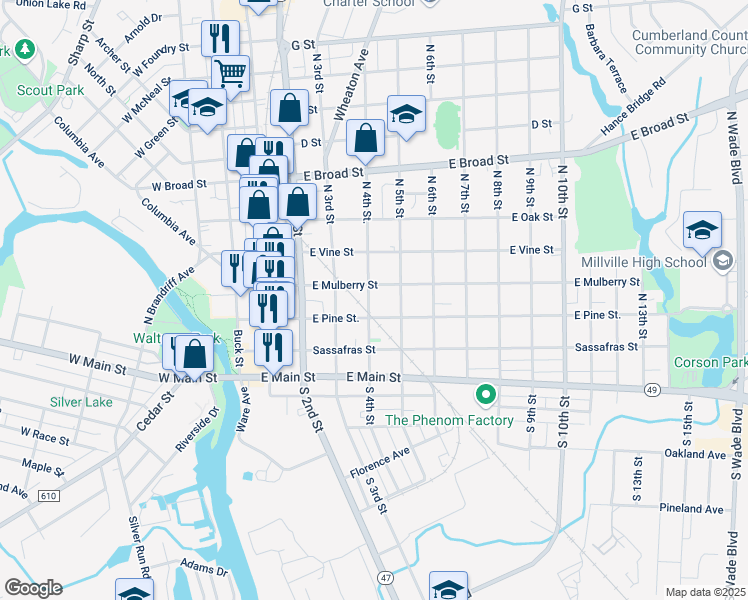 map of restaurants, bars, coffee shops, grocery stores, and more near 217 North 4th Street in Millville