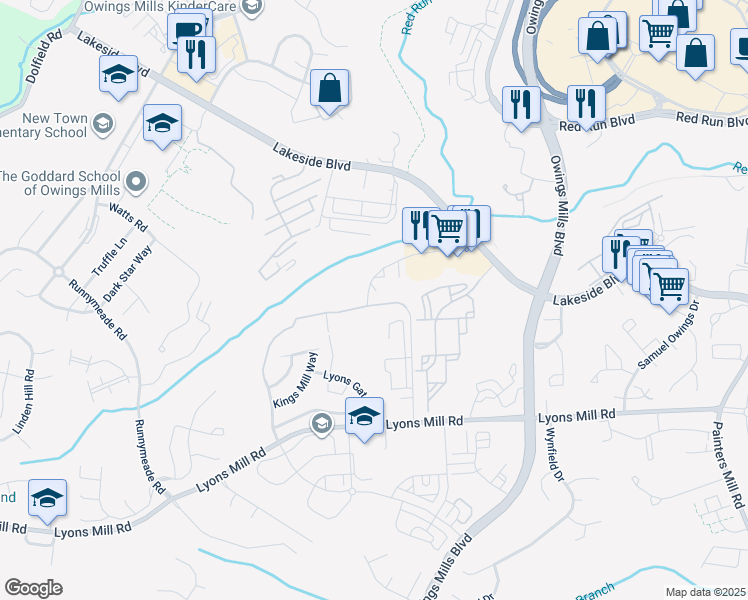 map of restaurants, bars, coffee shops, grocery stores, and more near 4810 Coyle Road in Owings Mills
