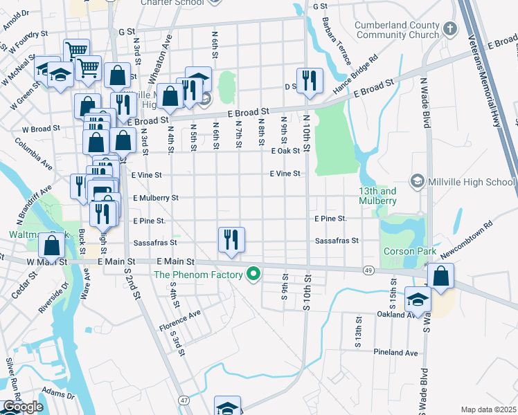 map of restaurants, bars, coffee shops, grocery stores, and more near 204 North 8th Street in Millville