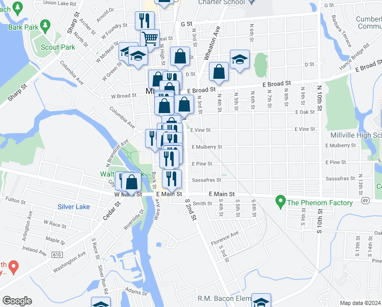 map of restaurants, bars, coffee shops, grocery stores, and more near 208 North 3rd Street in Millville