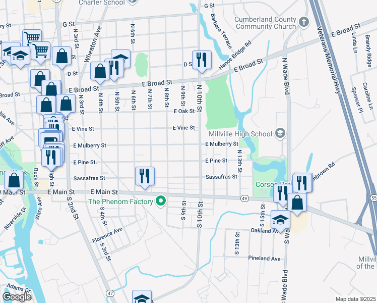 map of restaurants, bars, coffee shops, grocery stores, and more near 900 East Pine Street in Millville