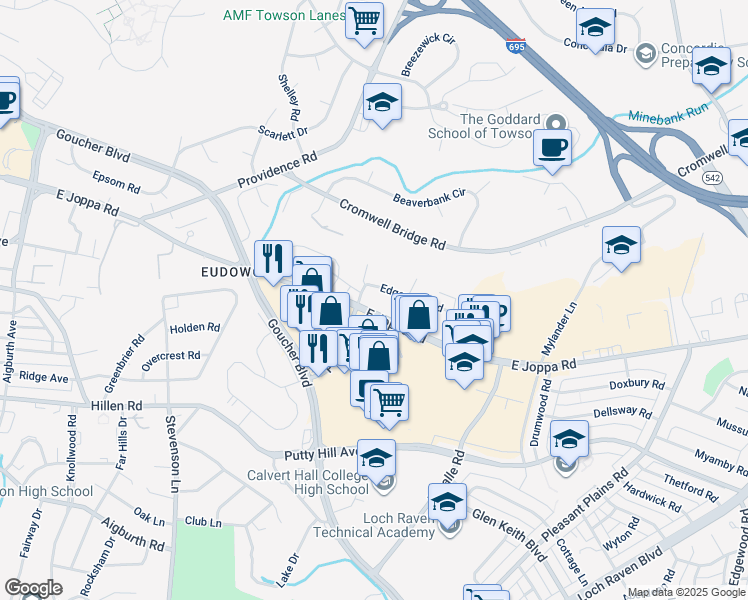 map of restaurants, bars, coffee shops, grocery stores, and more near 1000 East Joppa Road in Towson