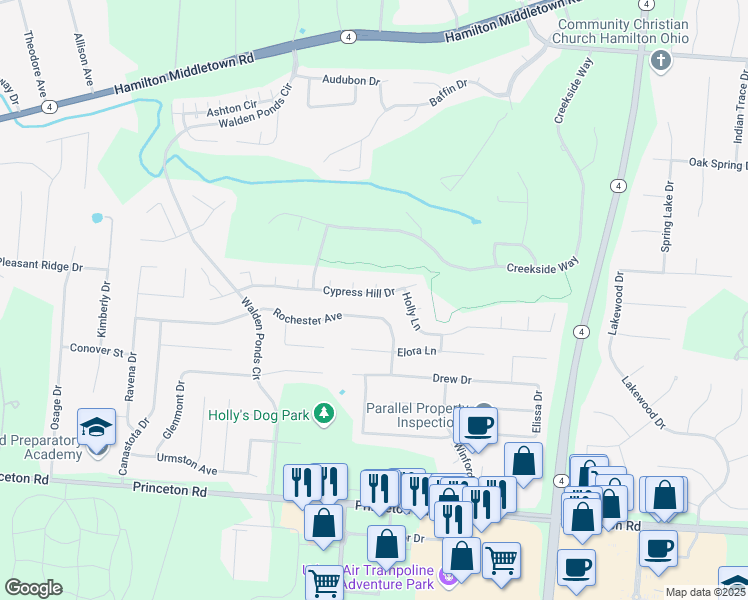 map of restaurants, bars, coffee shops, grocery stores, and more near 3057 Cypress Hill Drive in Hamilton