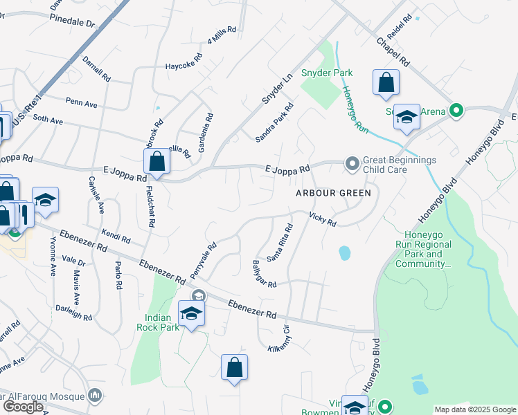 map of restaurants, bars, coffee shops, grocery stores, and more near 9205 Greenhouse Circle in White Marsh