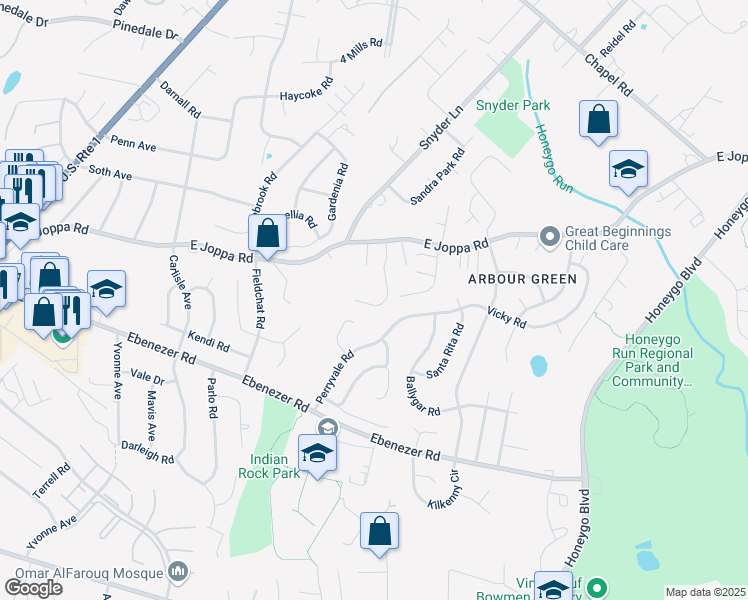 map of restaurants, bars, coffee shops, grocery stores, and more near 4522 King George Court in Perry Hall