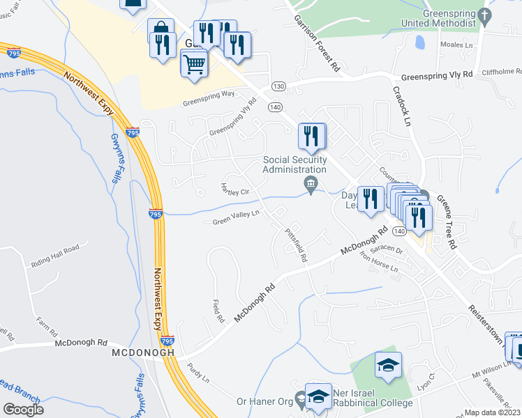 map of restaurants, bars, coffee shops, grocery stores, and more near 8100 Green Valley Lane in Owings Mills