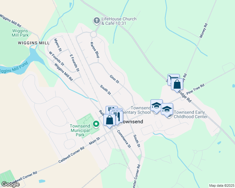 map of restaurants, bars, coffee shops, grocery stores, and more near 2 Barcus Court in Townsend