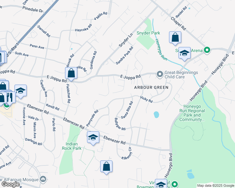 map of restaurants, bars, coffee shops, grocery stores, and more near 9205 Greenhouse Circle in White Marsh