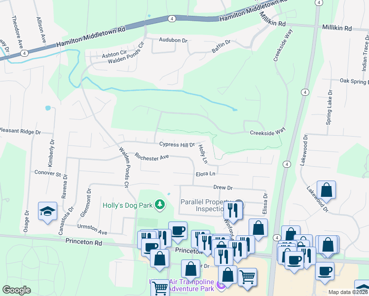 map of restaurants, bars, coffee shops, grocery stores, and more near 3057 Cypress Hill Drive in Hamilton