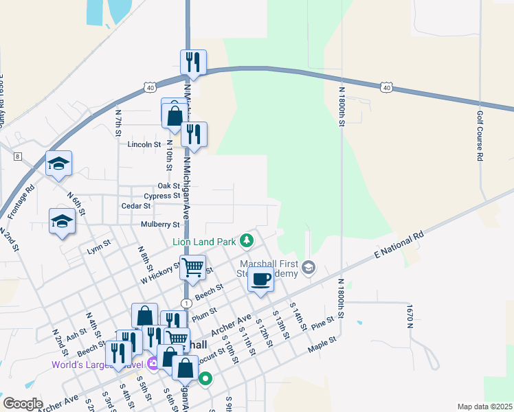 map of restaurants, bars, coffee shops, grocery stores, and more near 1208 Cedar Lane in Marshall