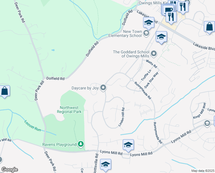 map of restaurants, bars, coffee shops, grocery stores, and more near 9831 Endora Court in Owings Mills