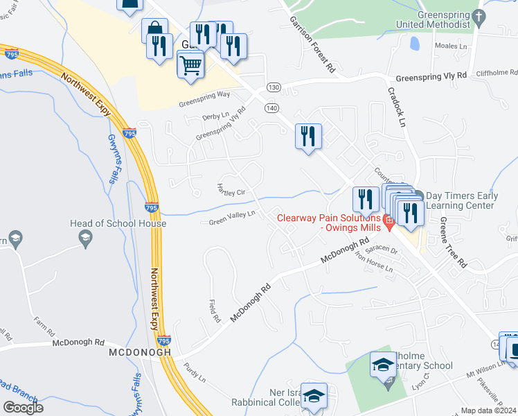 map of restaurants, bars, coffee shops, grocery stores, and more near 8020 Green Valley Lane in Owings Mills
