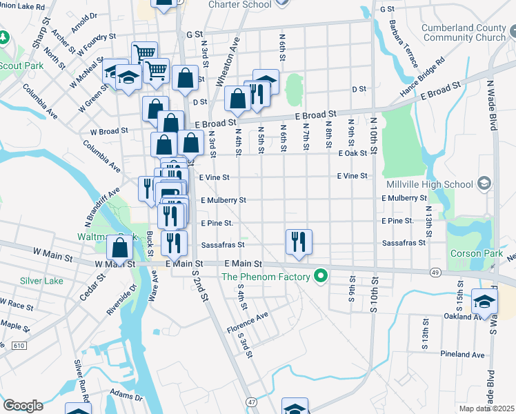 map of restaurants, bars, coffee shops, grocery stores, and more near 430 East Pine Street in Millville