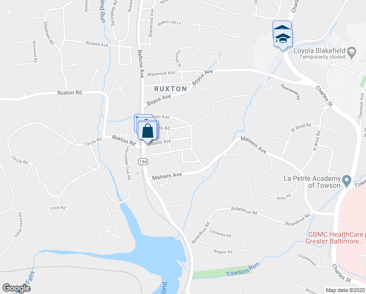 map of restaurants, bars, coffee shops, grocery stores, and more near 1402 Ruxton Road in Towson