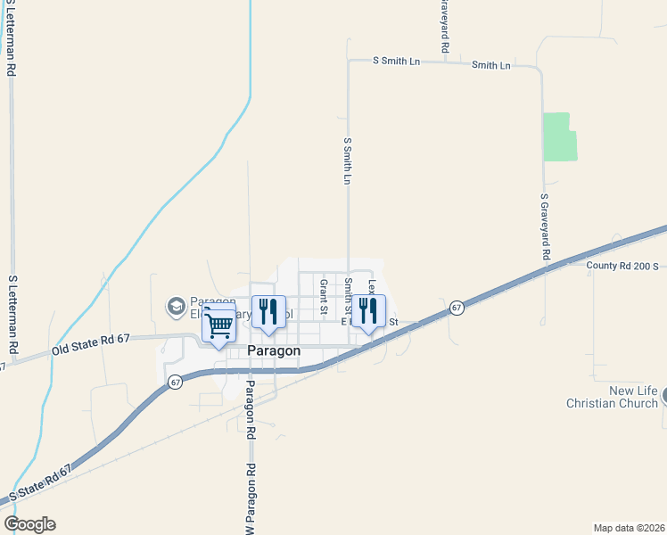 map of restaurants, bars, coffee shops, grocery stores, and more near 360 Smith Lane in Paragon