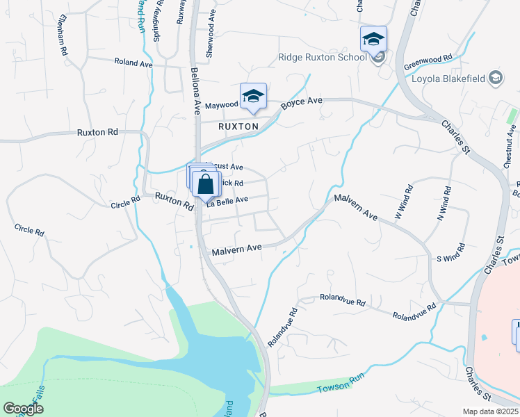map of restaurants, bars, coffee shops, grocery stores, and more near 1402 Ruxton Road in Towson