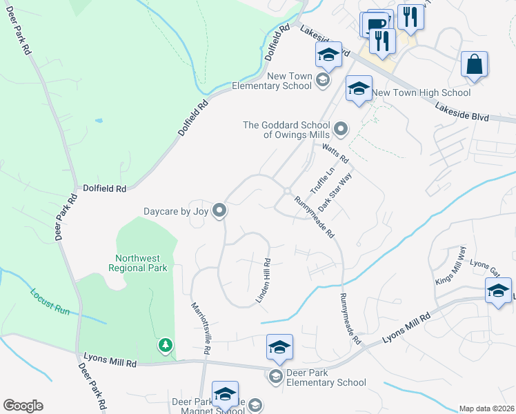 map of restaurants, bars, coffee shops, grocery stores, and more near 9845 Bon Haven Lane in Owings Mills