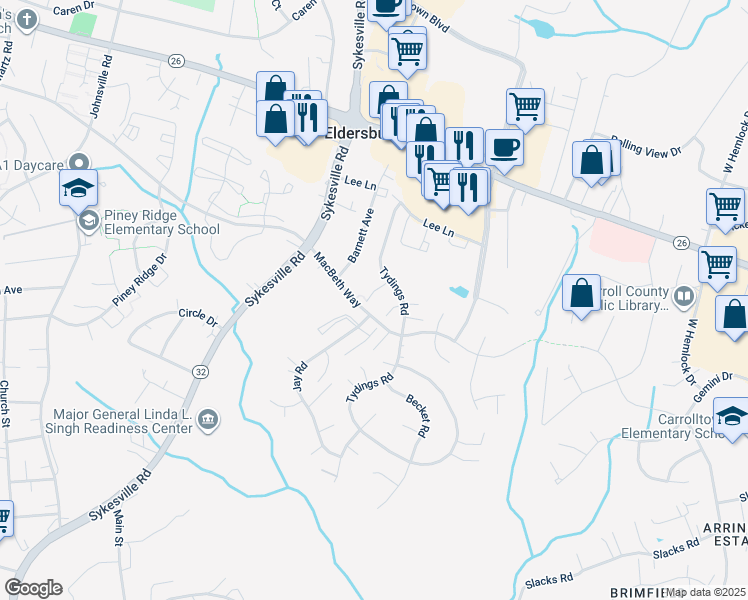 map of restaurants, bars, coffee shops, grocery stores, and more near 1305 Cabello Court in Eldersburg