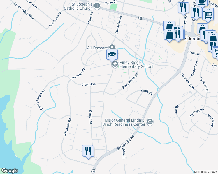 map of restaurants, bars, coffee shops, grocery stores, and more near 902 Black Spruce Lane in Sykesville