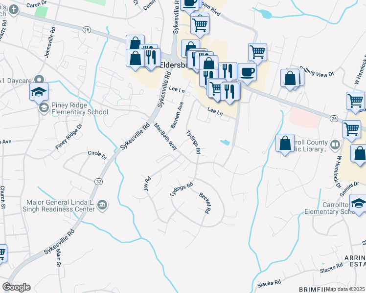 map of restaurants, bars, coffee shops, grocery stores, and more near 1305 Cabello Court in Eldersburg