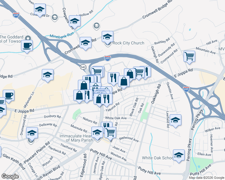 map of restaurants, bars, coffee shops, grocery stores, and more near 8703 Loch Bend Drive in Baltimore