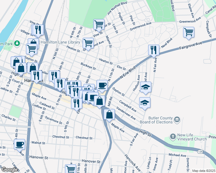 map of restaurants, bars, coffee shops, grocery stores, and more near 1103 Dayton Street in Hamilton