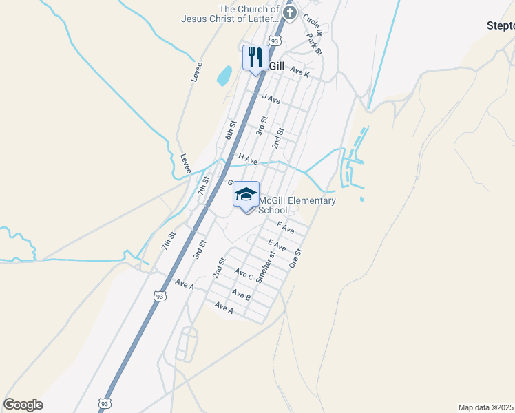 map of restaurants, bars, coffee shops, grocery stores, and more near Avenue F in Ely